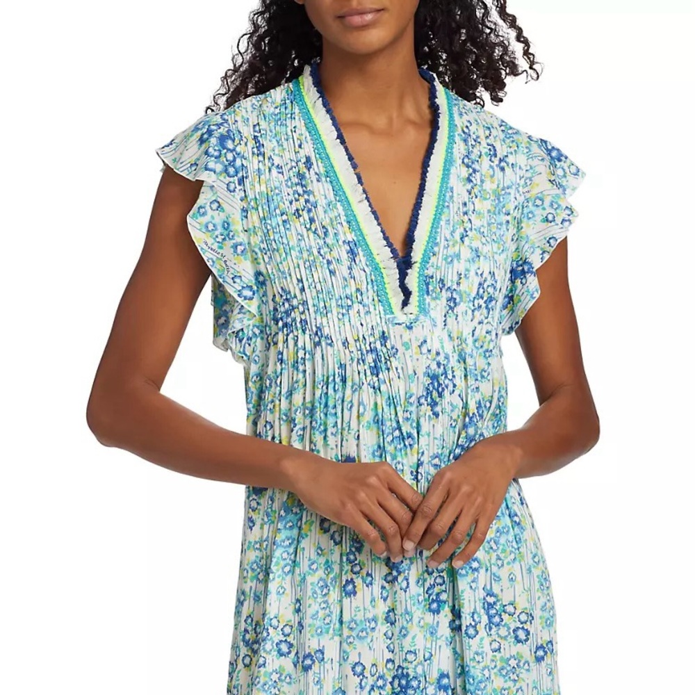 Poupette St Barth, Sasha Minidress in Blue Aquarelle, Size Small